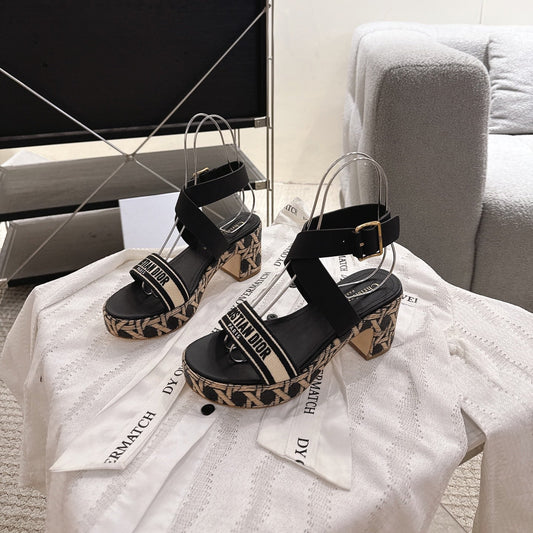 DIORACT SANDALS IN BLACK AND BEIGE EMBROIDERY AND CALFSKIN - 35