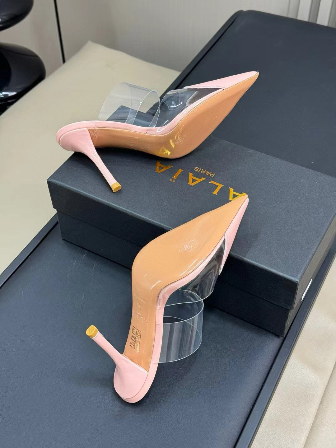 ALAIA HIGH MULES IN LIGHT PINK PATENT CALFSKIN AND FILM - 35
