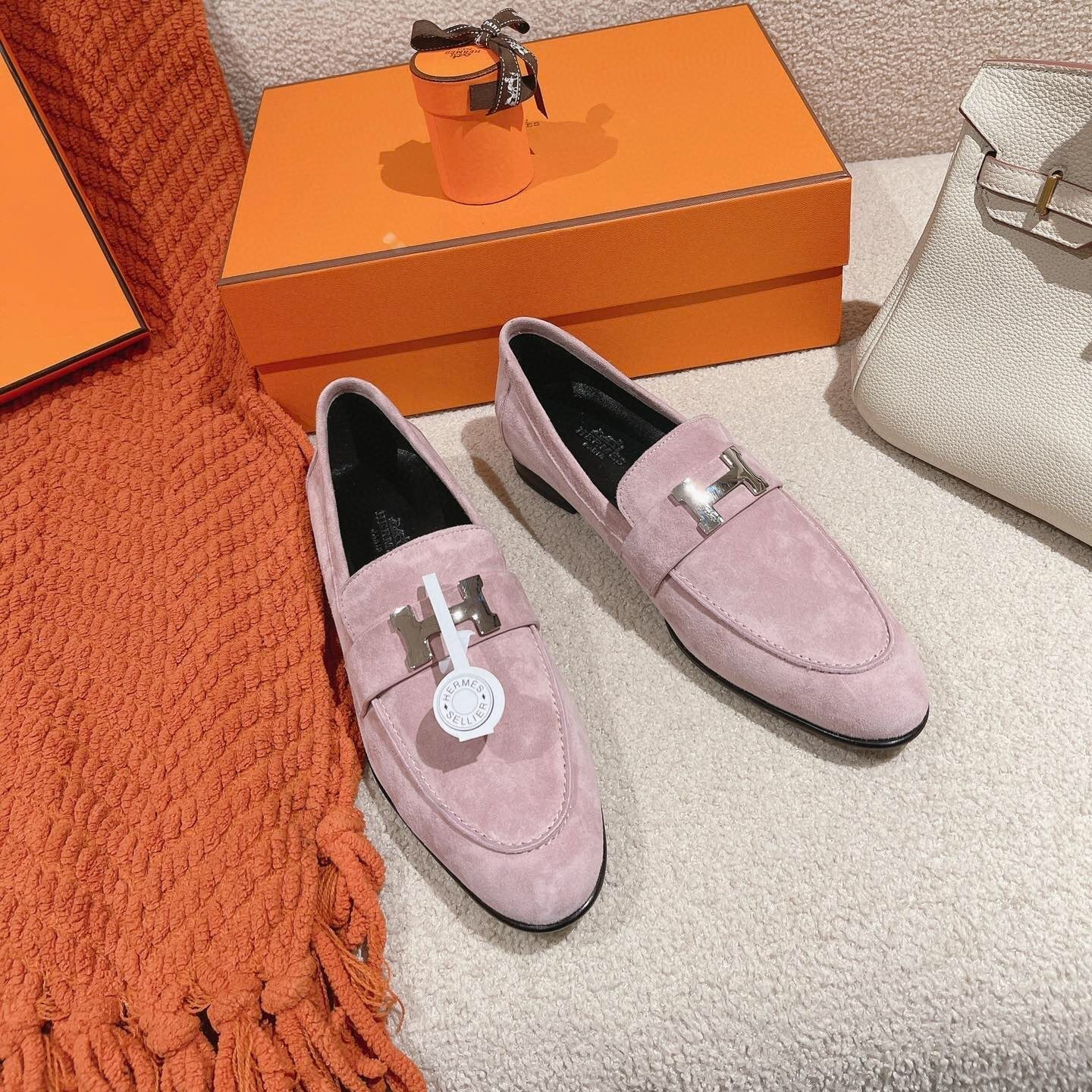 HM PARIS LOAFER IN PINK SUEDE SILVER HARDWARE - 34