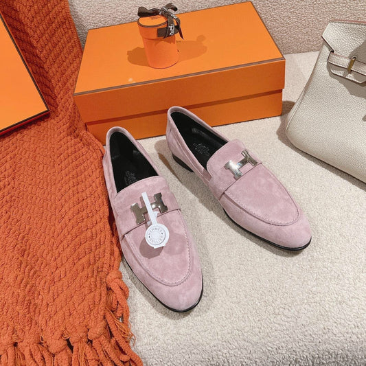 HM PARIS LOAFER IN PINK SUEDE SILVER HARDWARE - 34
