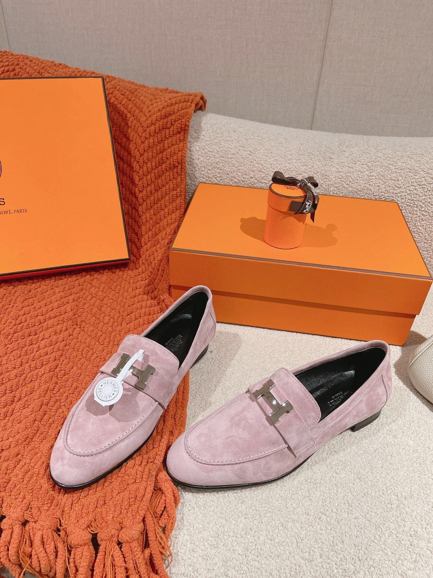 HM PARIS LOAFER IN PINK SUEDE SILVER HARDWARE - 34