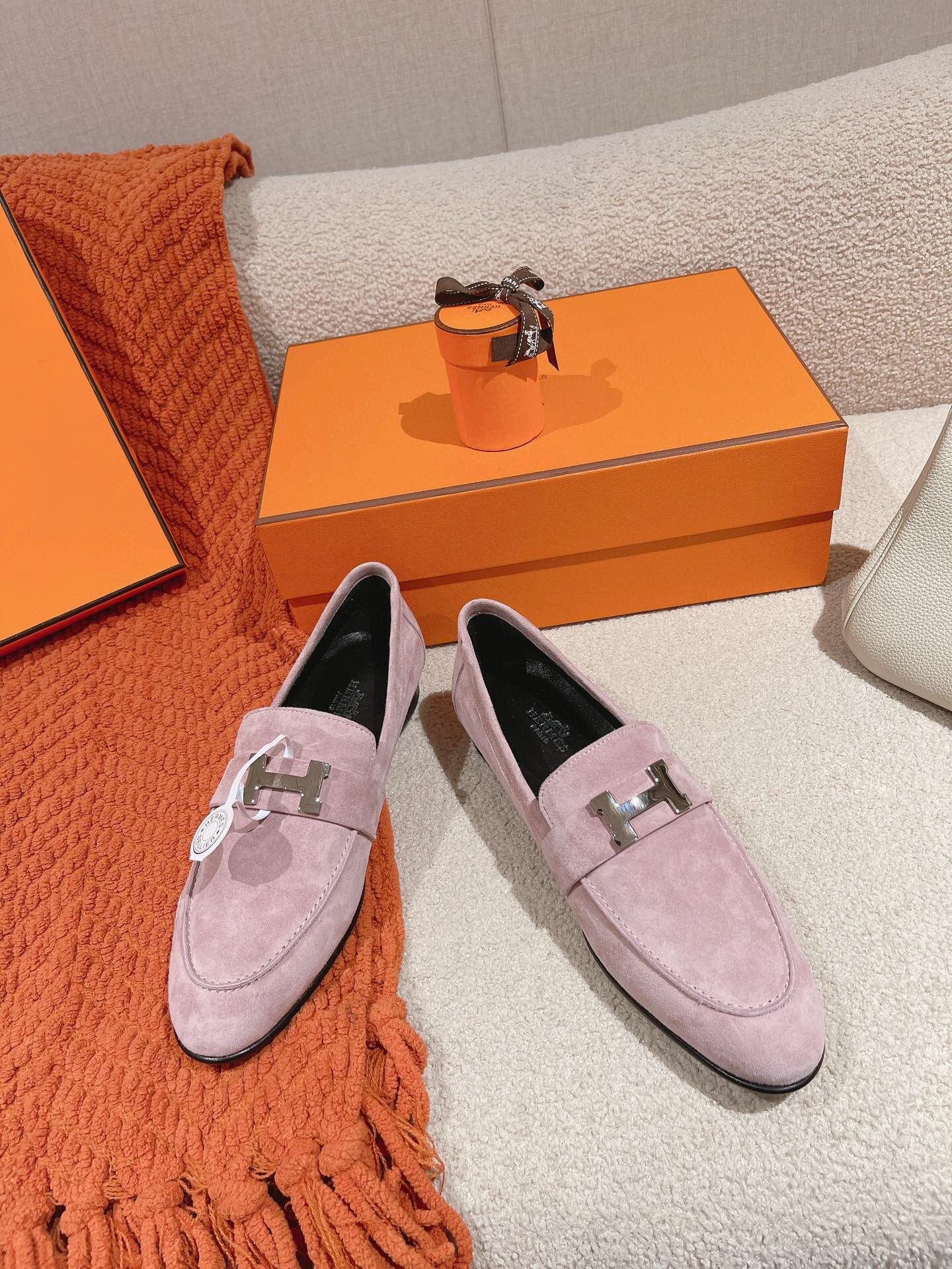 HM PARIS LOAFER IN PINK SUEDE SILVER HARDWARE - 34