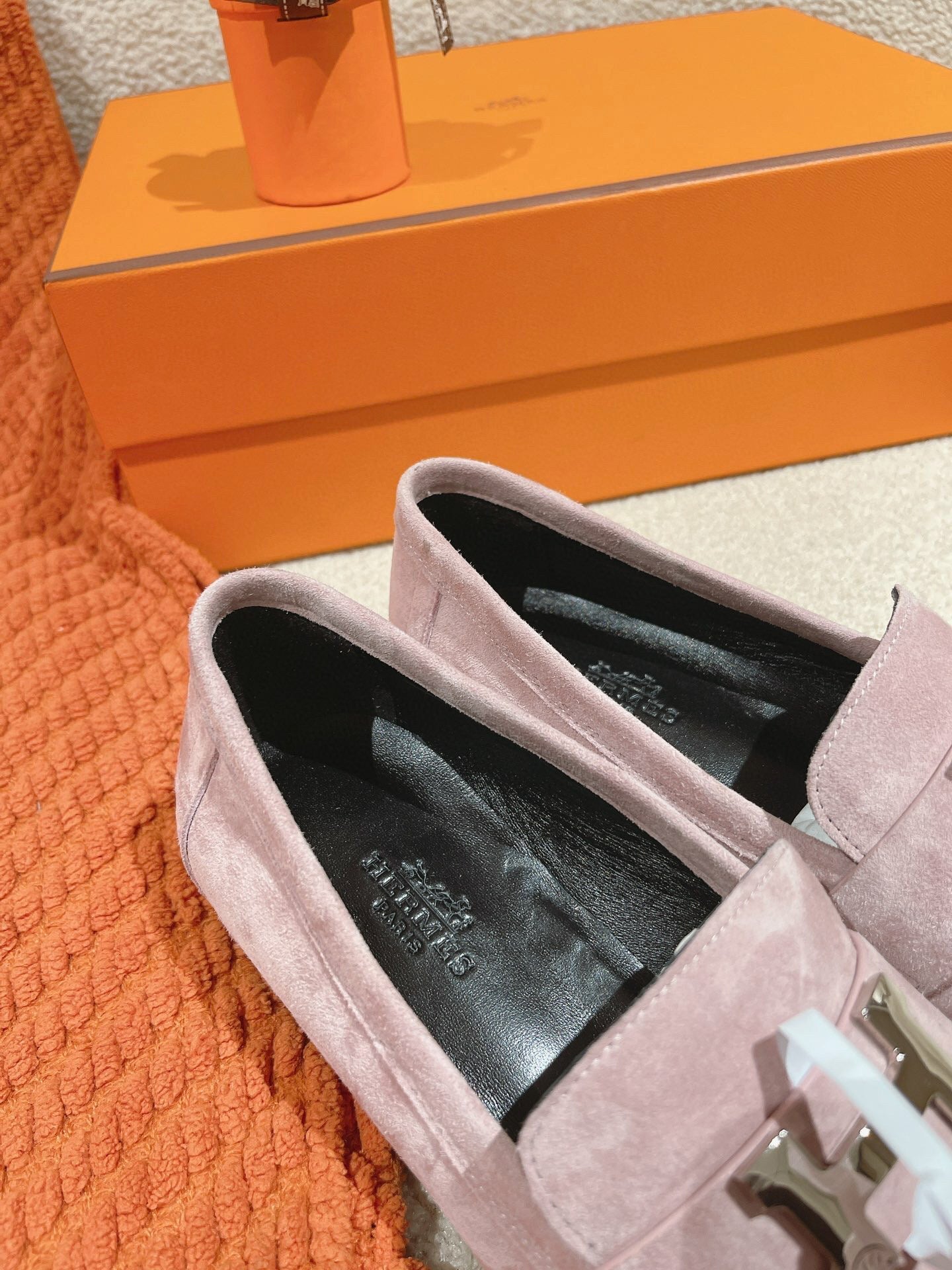 HM PARIS LOAFER IN PINK SUEDE SILVER HARDWARE - 34