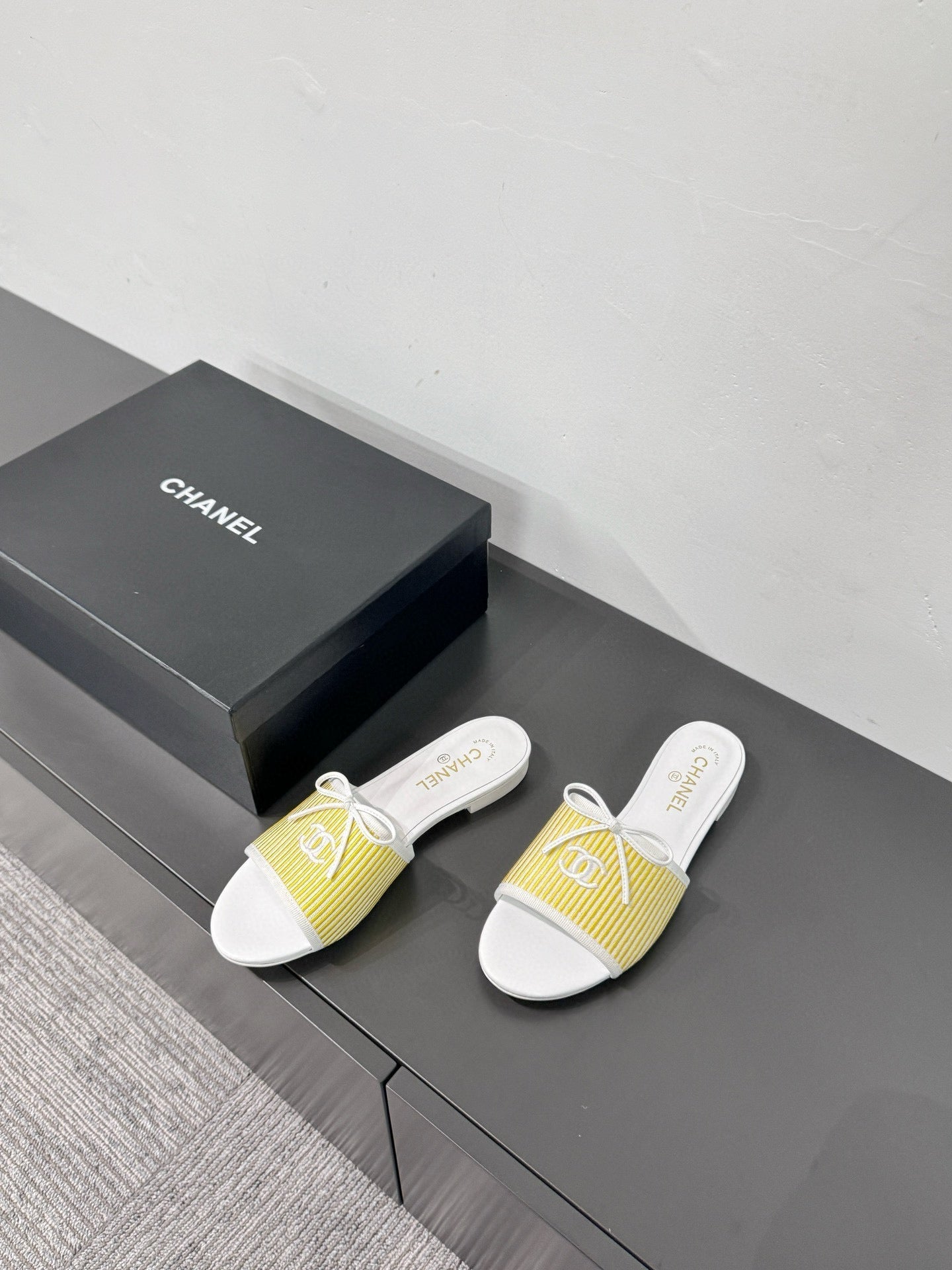 CC STRIPED SLIDE SANDALS IN YELLOW AND WHITE CANVAS - 35