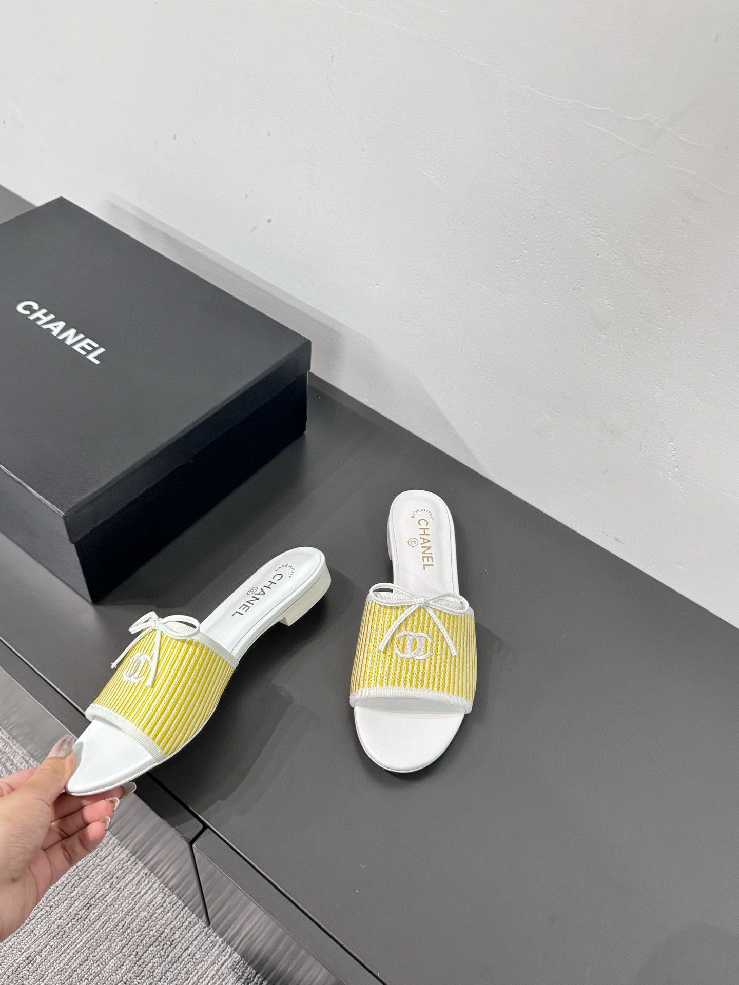 CC STRIPED SLIDE SANDALS IN YELLOW AND WHITE CANVAS - 35