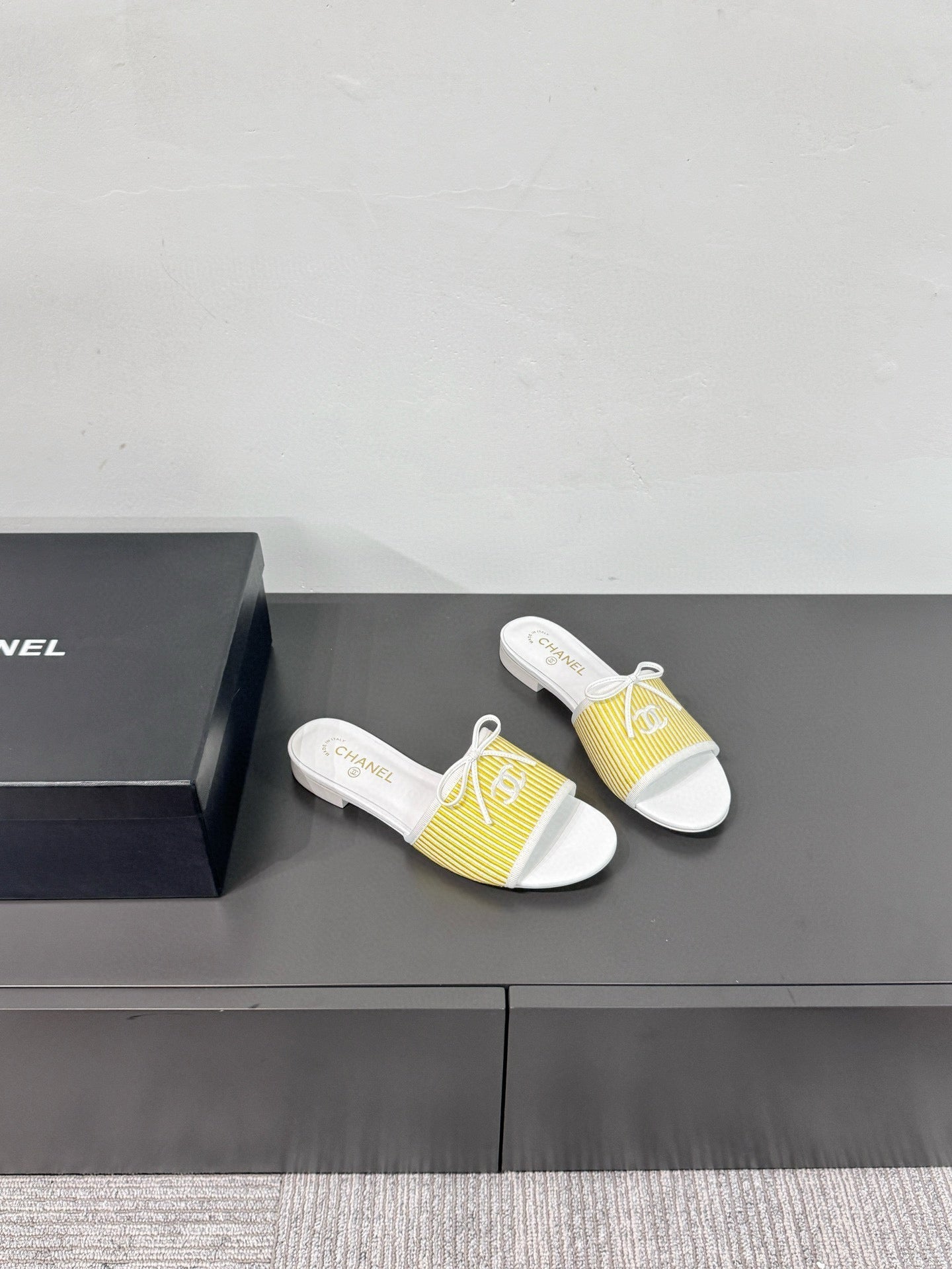 CC STRIPED SLIDE SANDALS IN YELLOW AND WHITE CANVAS - 35