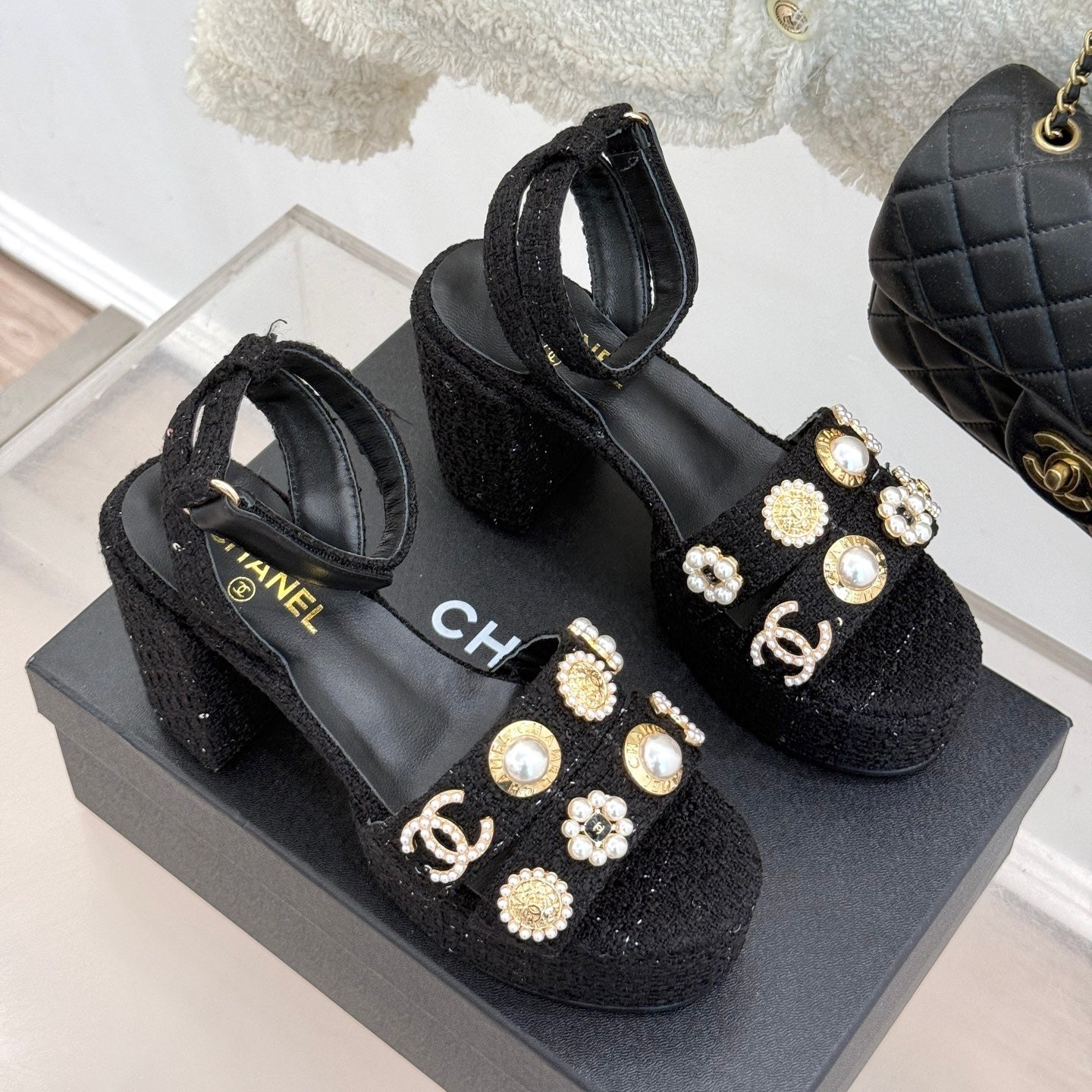 CC HIGH HEELS IN BLACK TWEED WITH PEARL AND CRYSTAL EMBELLISHMENTS - 35