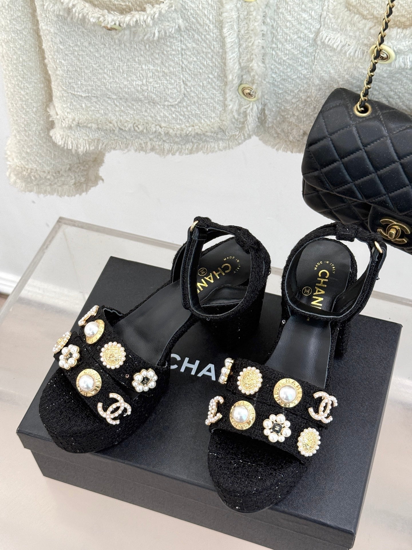CC HIGH HEELS IN BLACK TWEED WITH PEARL AND CRYSTAL EMBELLISHMENTS - 35
