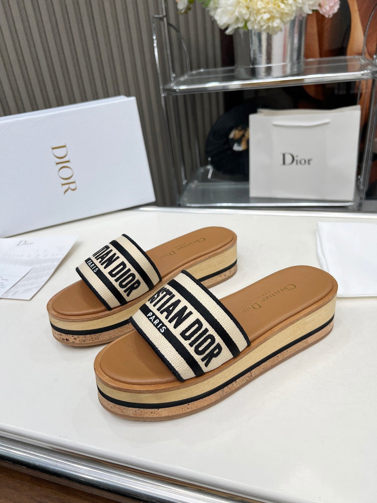 CD PLATFORM SLIDES IN BEIGE MIX BROWN CANVAS - 35