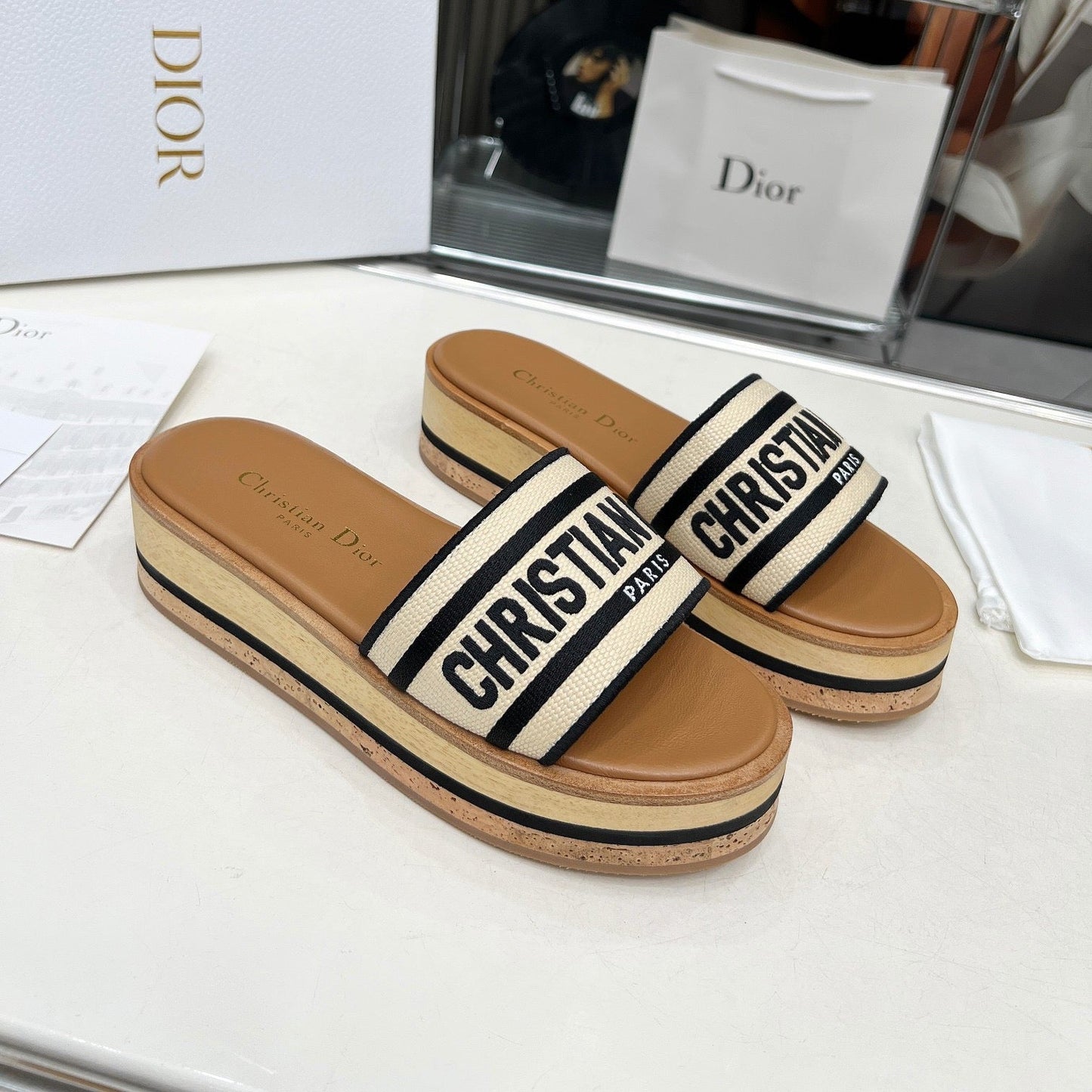 CD PLATFORM SLIDES IN BEIGE MIX BROWN CANVAS - 35