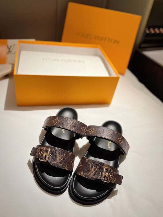 LV GOLD BUCKLE SANDALS IN BROWN MONOGRAM CANVAS - 35