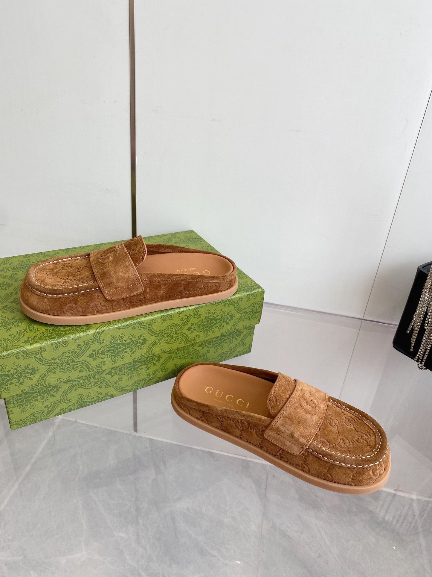 GG LOAFERS IN BROWN MONOGRAM EMBOSSED SUEDE - 35