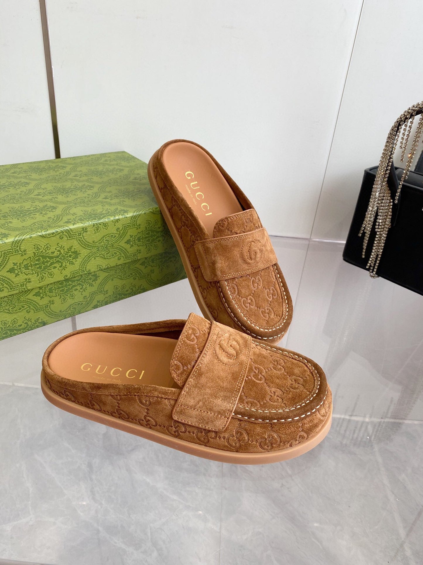 GG LOAFERS IN BROWN MONOGRAM EMBOSSED SUEDE - 35