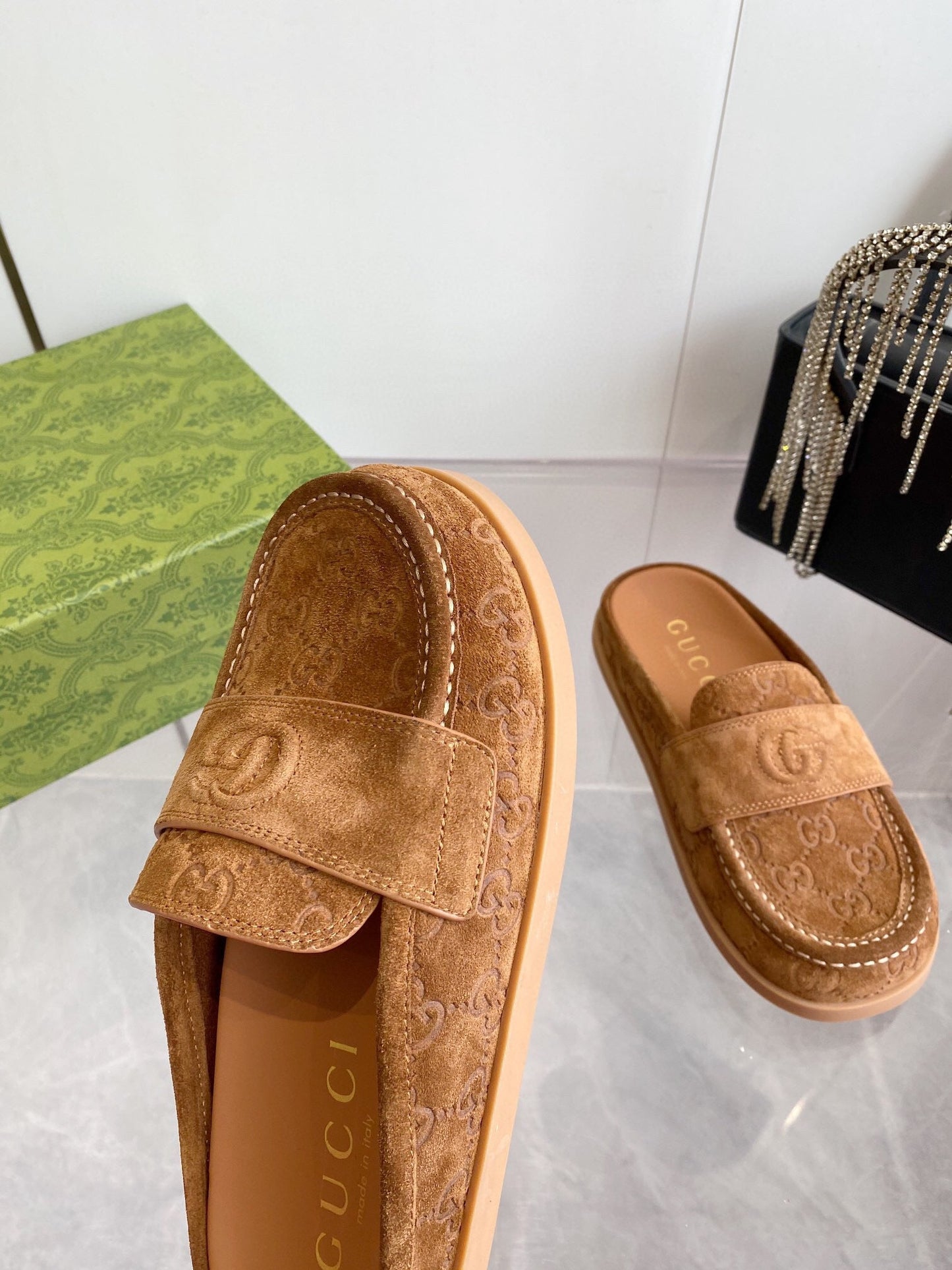 GG LOAFERS IN BROWN MONOGRAM EMBOSSED SUEDE - 35