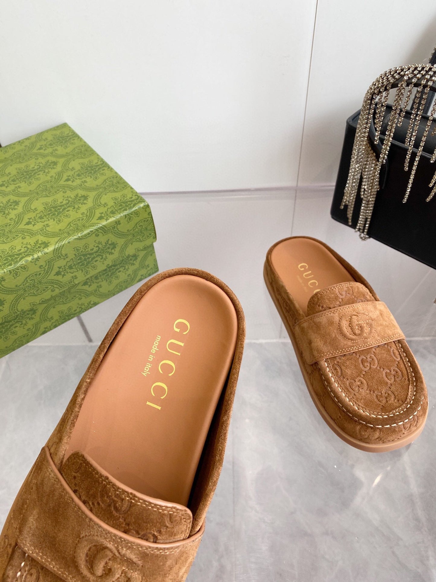 GG LOAFERS IN BROWN MONOGRAM EMBOSSED SUEDE - 35