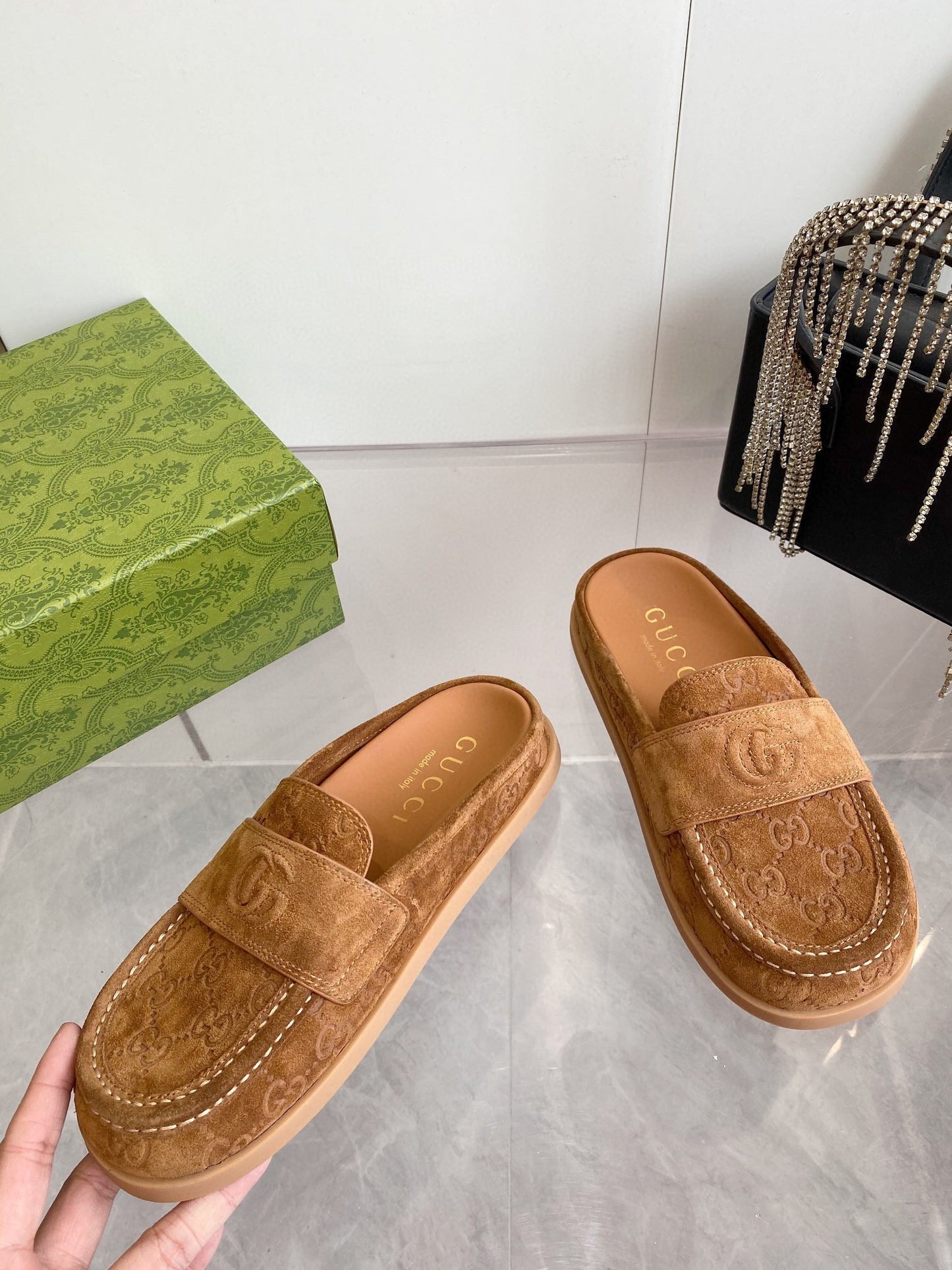 GG LOAFERS IN BROWN MONOGRAM EMBOSSED SUEDE - 35