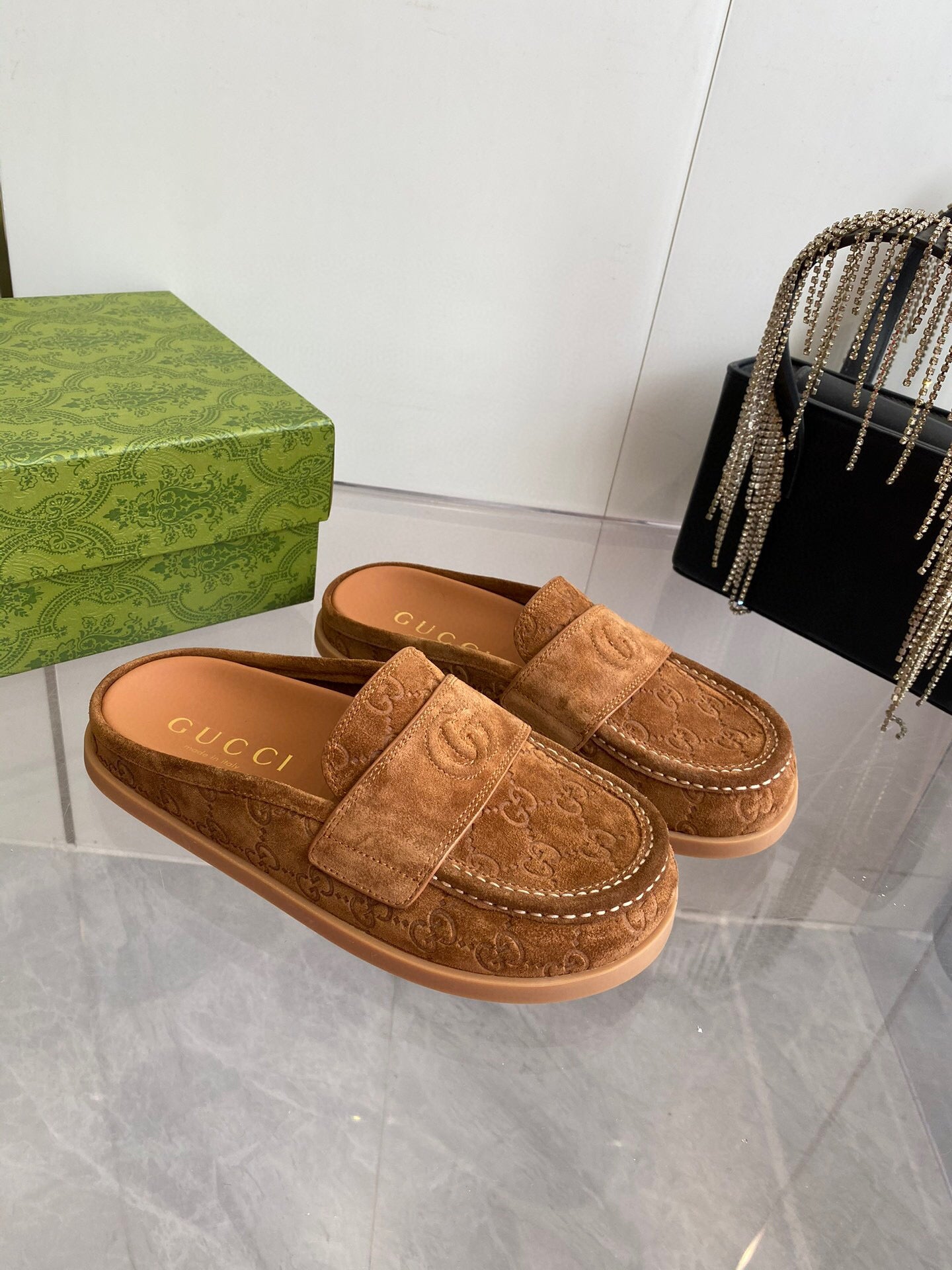 GG LOAFERS IN BROWN MONOGRAM EMBOSSED SUEDE - 35