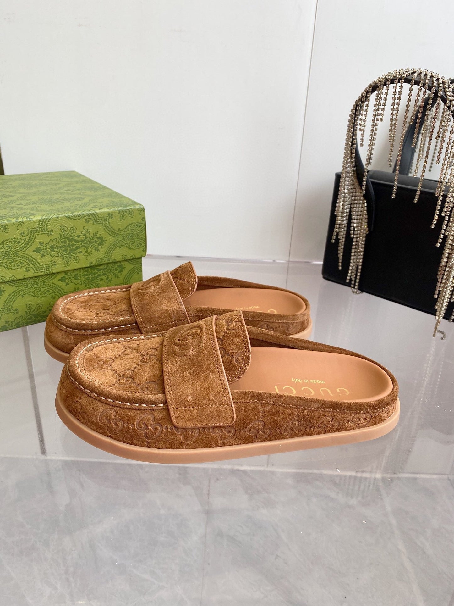GG LOAFERS IN BROWN MONOGRAM EMBOSSED SUEDE - 35