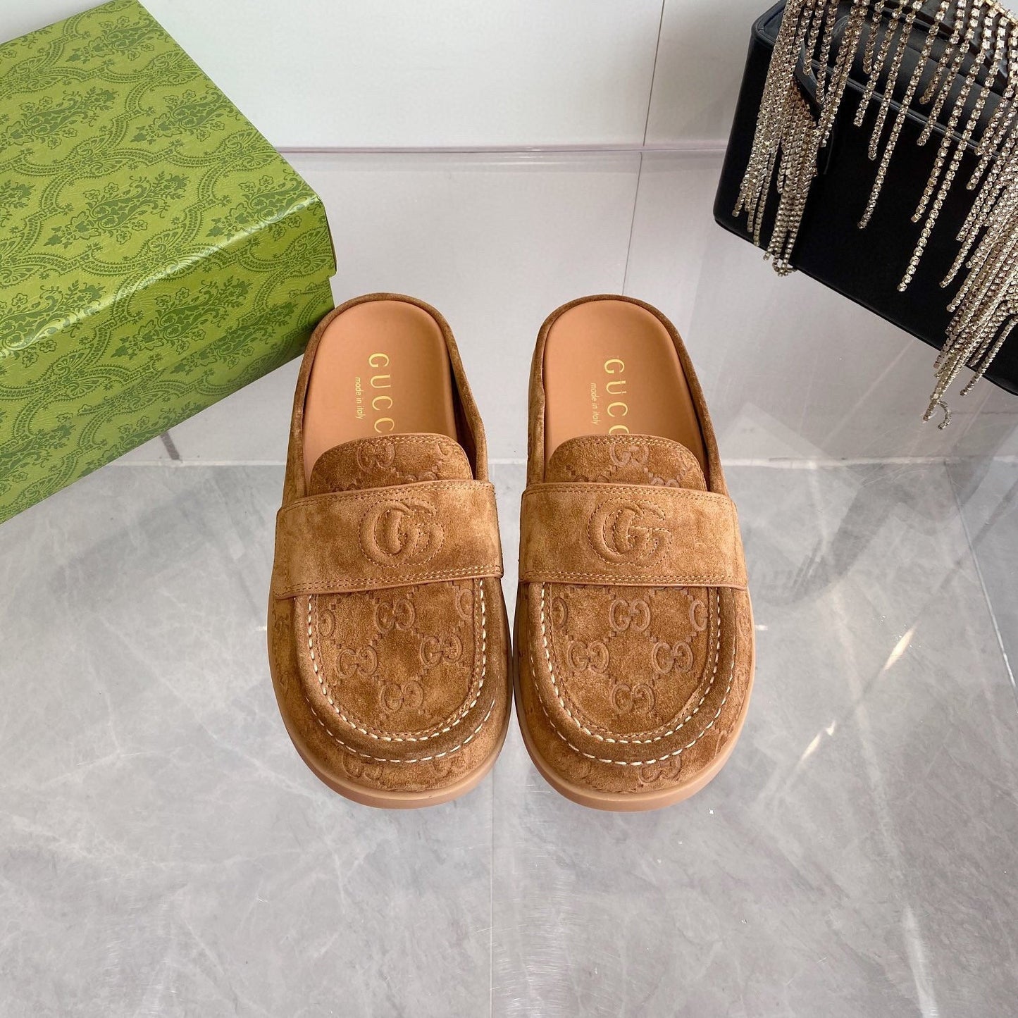 GG LOAFERS IN BROWN MONOGRAM EMBOSSED SUEDE - 35