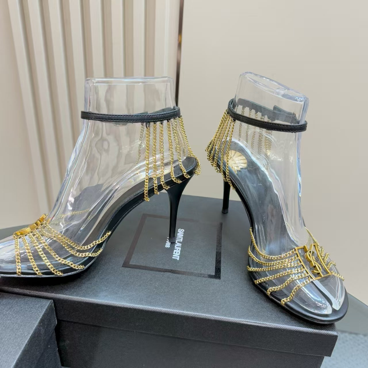 YSL HIGH HEEL CHAIN SANDALS IN BLACK CALFSKIN AND METAL - 35