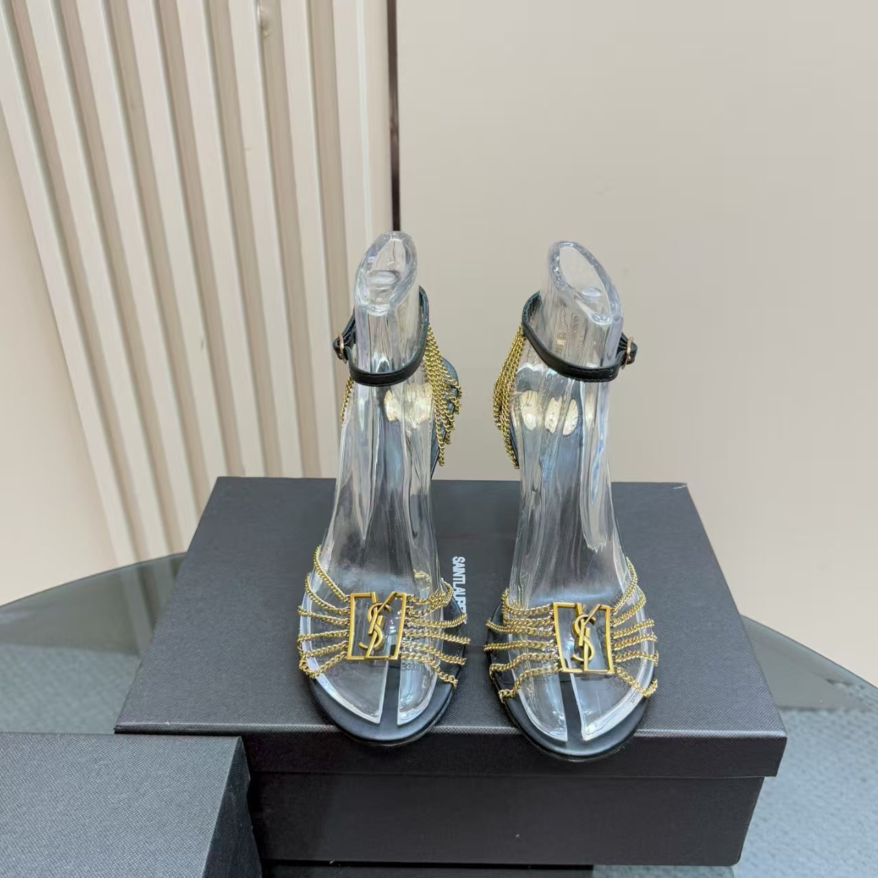 YSL HIGH HEEL CHAIN SANDALS IN BLACK CALFSKIN AND METAL - 35
