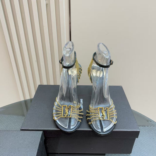 YSL HIGH HEEL CHAIN SANDALS IN BLACK CALFSKIN AND METAL - 35