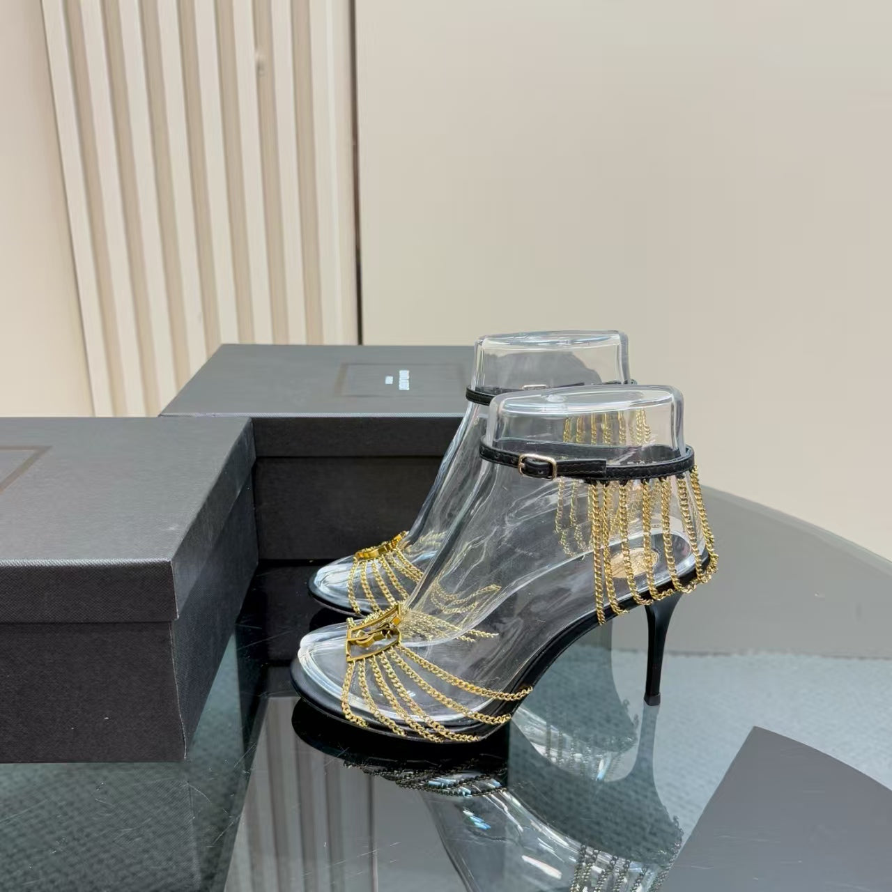 YSL HIGH HEEL CHAIN SANDALS IN BLACK CALFSKIN AND METAL - 35