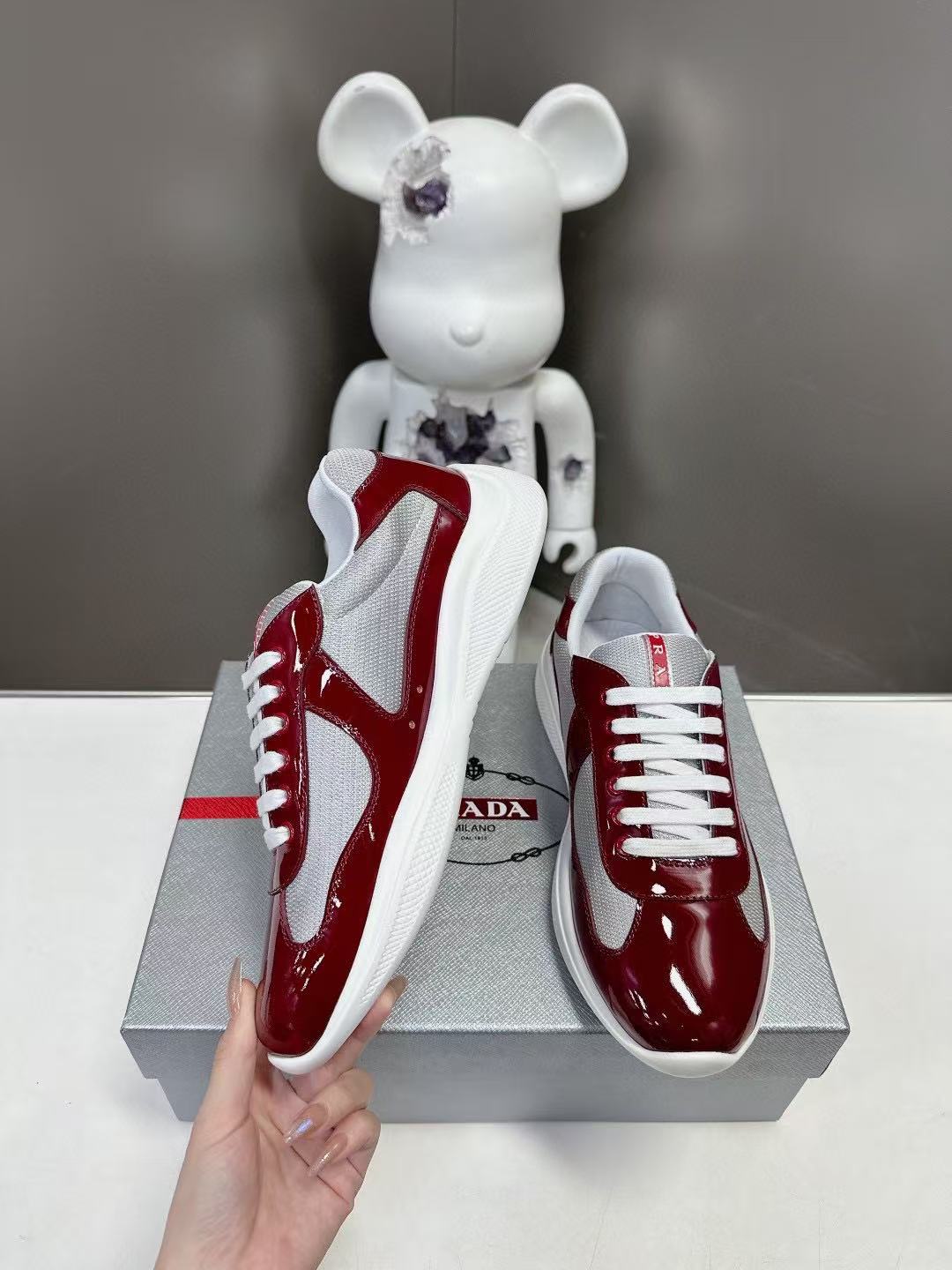 PRADA SNEAKERS IN BURDUNDY RED CALFSKIN AND MESH - 35