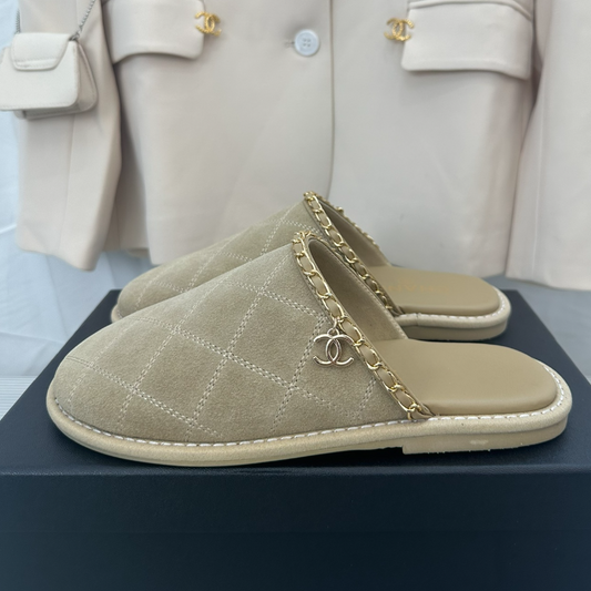 CC Khaki Green Suede Gold Chain Mules - 35