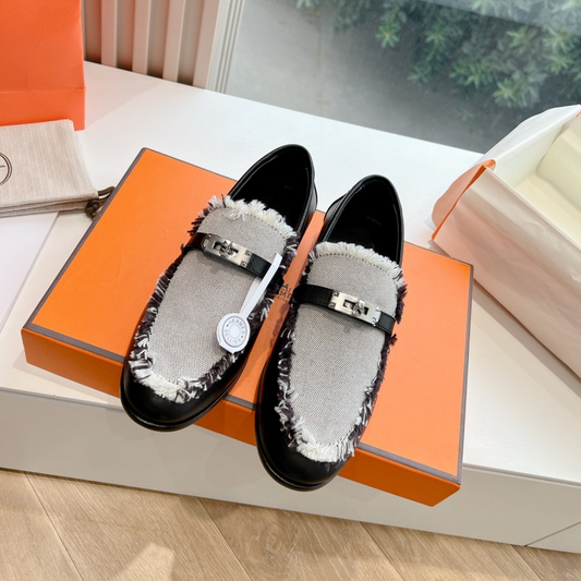Destin Loafer Black Calfskin Fringed Canvas - 35