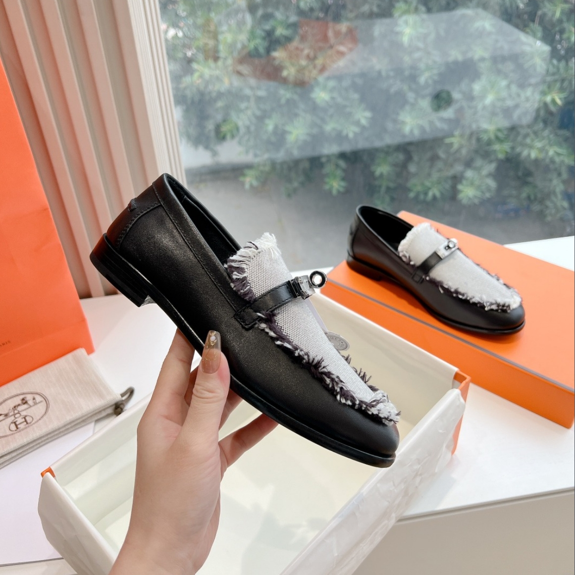 Destin Loafer Black Calfskin Fringed Canvas - 35