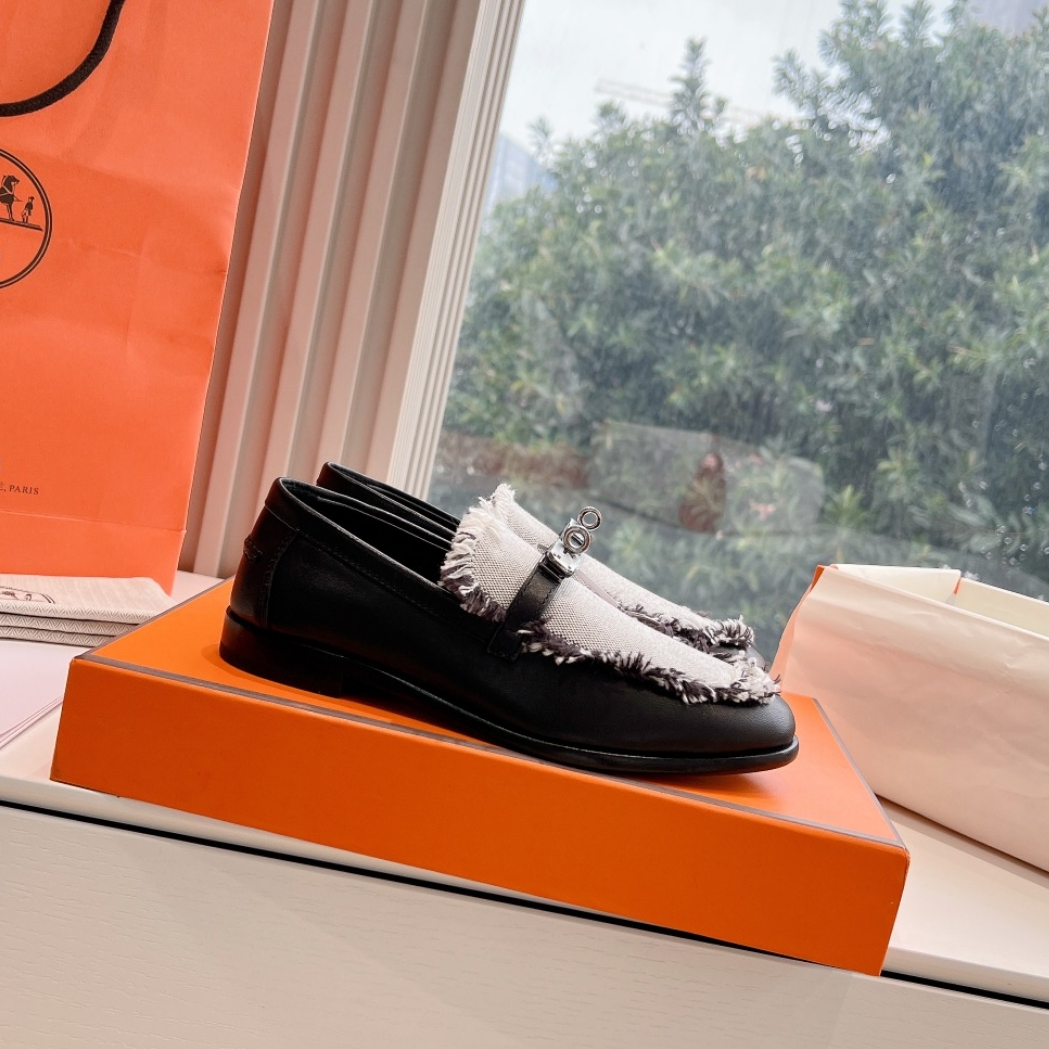 Destin Loafer Black Calfskin Fringed Canvas - 35