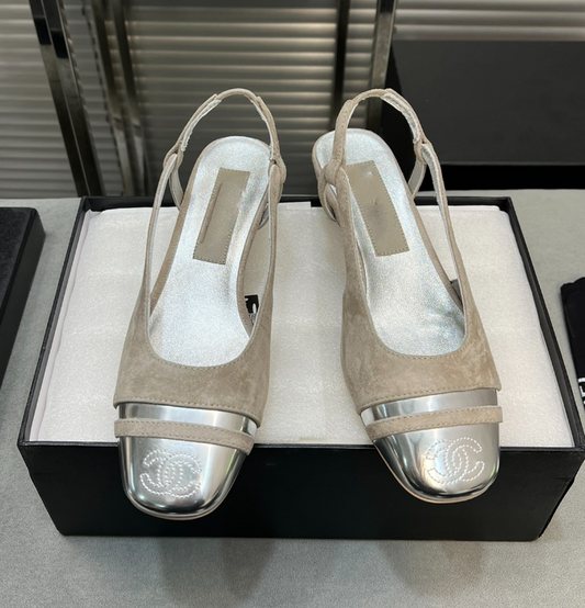 slingback light beige suede silver metalic lambskin square toe 5.0 - 35