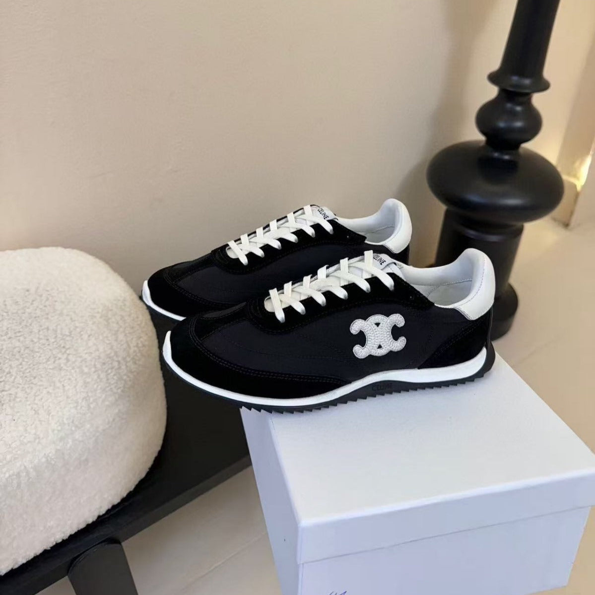 CELINE TRAINRES IN BLACK MIX WHITE SUEDE AND FABRIC - 35