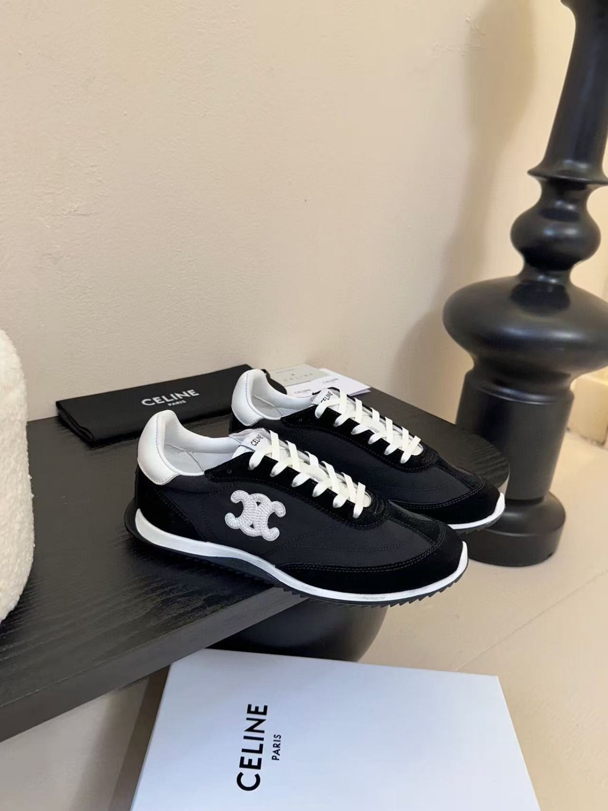 CELINE TRAINRES IN BLACK MIX WHITE SUEDE AND FABRIC - 35
