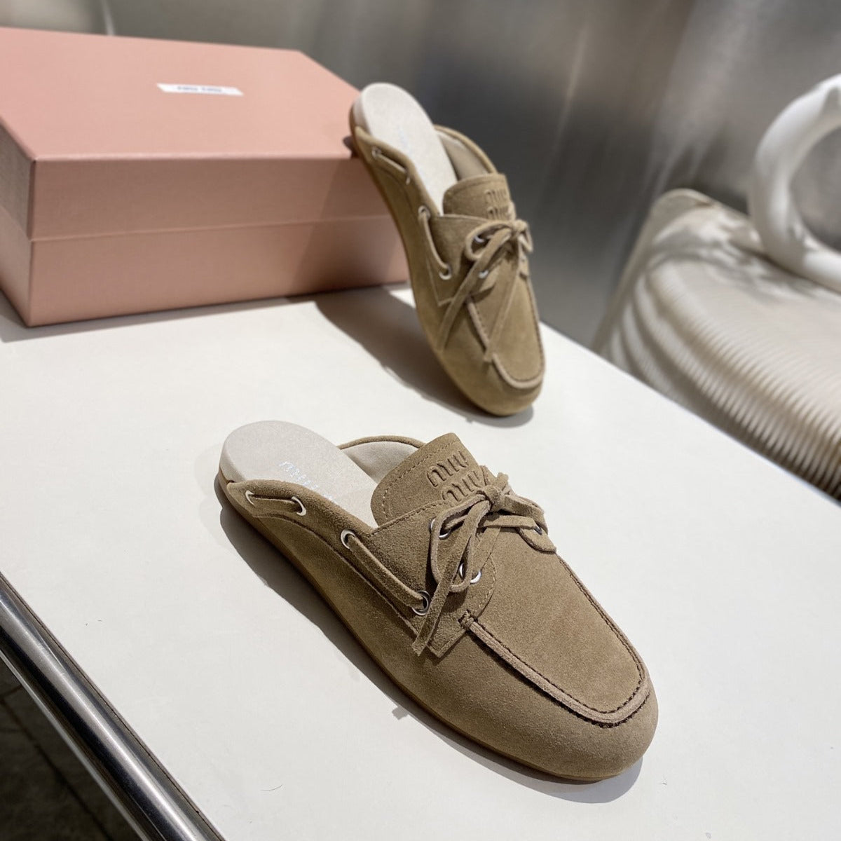 MIU FADED MULE IN LIGHT BROWN ECRU SUEDE - 35