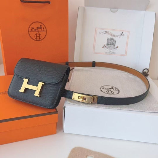 HM KELLY CONSTANCE SLIM WALLET BELT IN BLACK CALFSKIN GOLD HARDWARE - 30