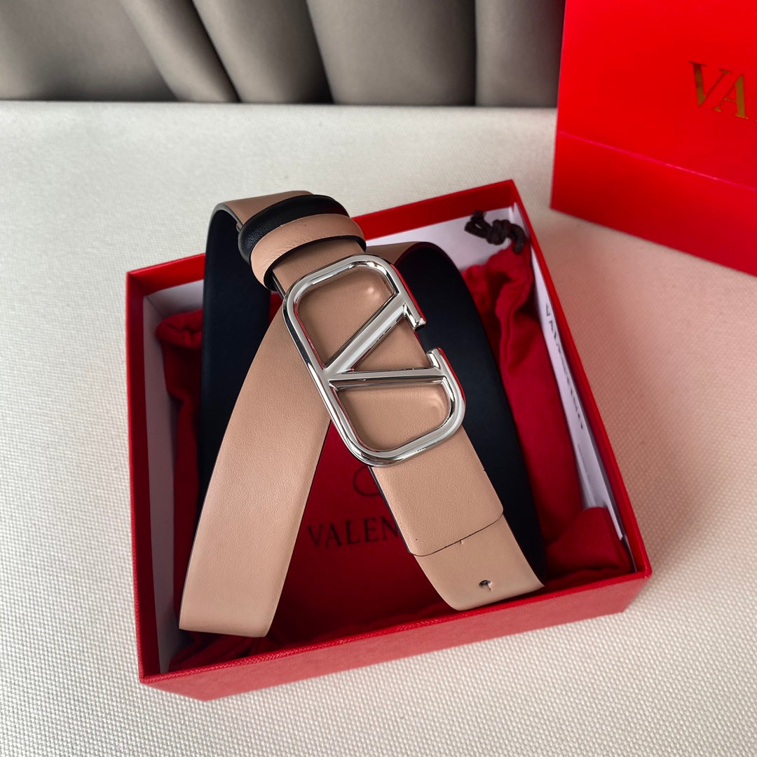REVERSIBLE VLOGO SIGNATURE BELT IN GLOSSY BEIGE BLACK CALFSKIN SHW 30 MM - 30