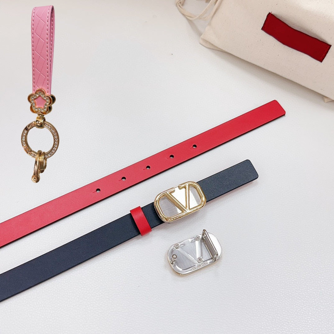 Gold Vlogo and Silver Hardware Buckle Black Red Calfskin 20mm - 30