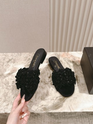 CHANEL 26S CAMELIA SLIPPERS IN BLACK LAMBSKIN BEADED