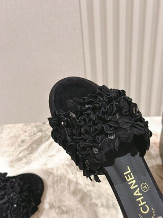 CHANEL 26S CAMELIA SLIPPERS IN BLACK LAMBSKIN BEADED