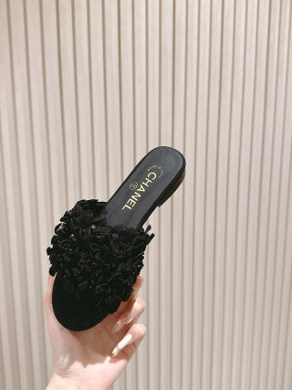 CHANEL 26S CAMELIA SLIPPERS IN BLACK LAMBSKIN BEADED
