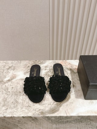 CHANEL 26S CAMELIA SLIPPERS IN BLACK LAMBSKIN BEADED