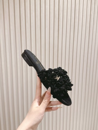 CHANEL 26S CAMELIA SLIPPERS IN BLACK LAMBSKIN BEADED