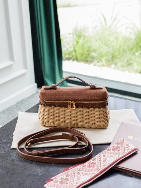 LORO PIANA Elegant Woven Rattan Vanity Bag with Adjustable Shoulder Strap