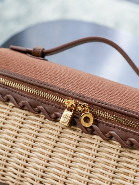 LORO PIANA Elegant Woven Rattan Vanity Bag with Adjustable Shoulder Strap