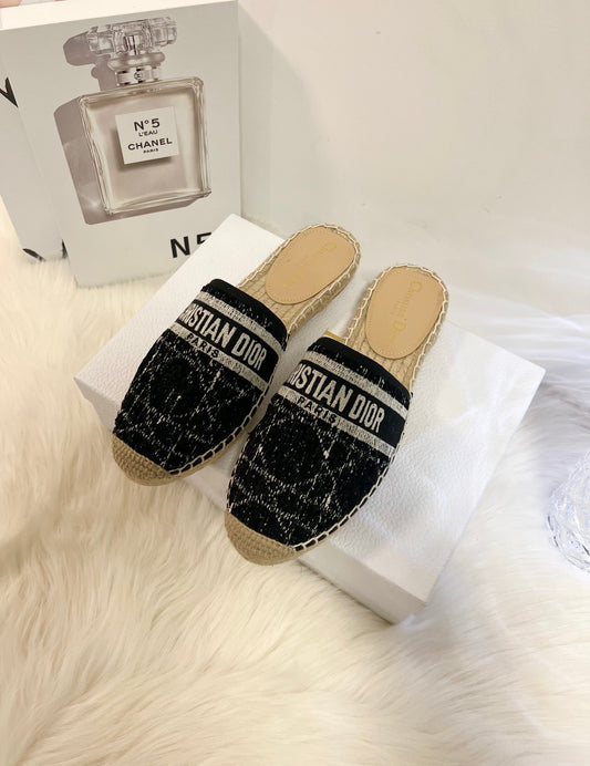 GRANVILLE ESPADRILLE BLACK OBLIQUE EMBROIDERED COTTON MULE - 36
