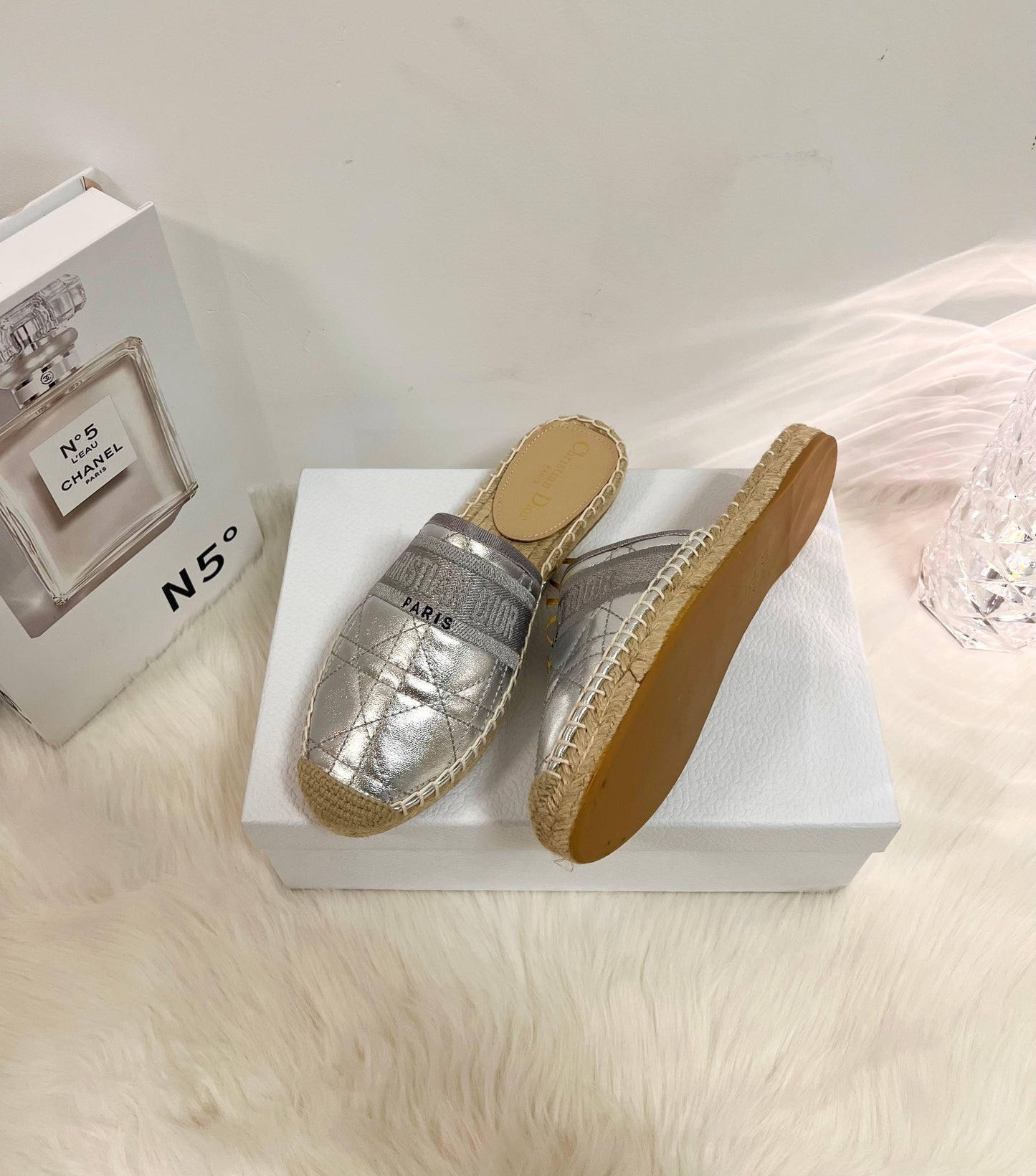 GRANVILLE ESPADRILLE MULE SILVER QUILTED CANNAGE CALFSKIN - 36