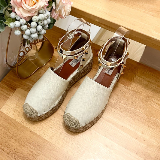 WHITE LEATHER ROCKSTUD ESPADRILLES ANKLE STRAP FLATS - 36