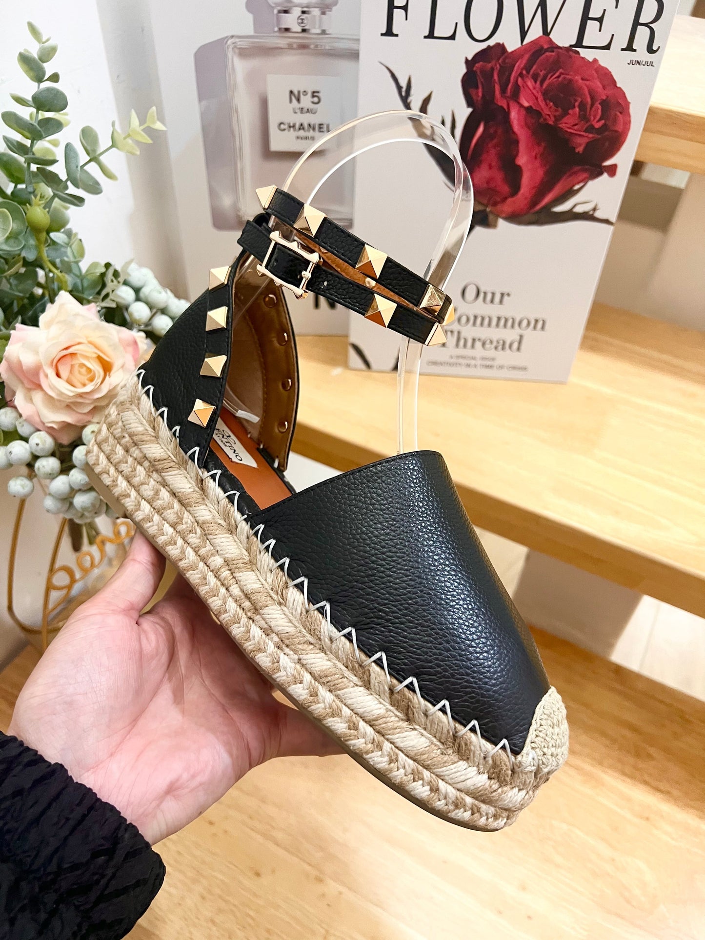 BLACK LEATHER ROCKSTUD ESPADRILLES ANKLE STRAP FLATS - 36